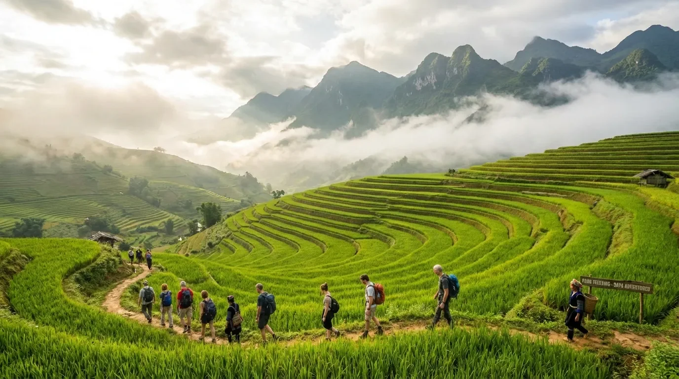 Stunning Sapa rice terraces with trekking paths through misty mountains