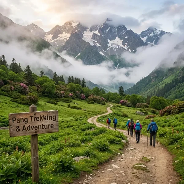 Mountain trekking trail through green valleys