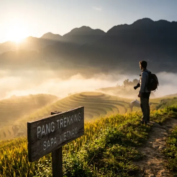 Sunrise over Sapa rice terraces with golden light